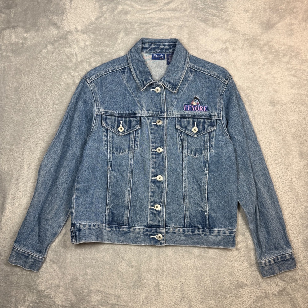 Vintage Eeyore Denim Jacket Womens M Blue Pooh Disney Embroidered 90s